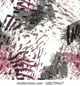 Splash Seamless Pattern. Fashion Concept. Distress Print. Bordo, Pink Illustration. Glamour Surface Textile. Ink Stains. Spray Paint. Splash Blots. Artistic Creative Vector Background.