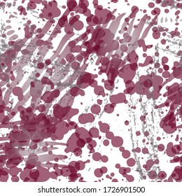 Splash Seamless Pattern. Fashion Concept. Distress Print. Bordo, Pink Illustration. Camo Surface Textile. Ink Stains. Spray Paint. Splash Blots. Artistic Creative Vector Background.