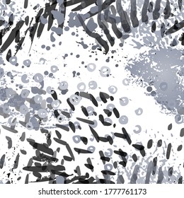 Splash Seamless Pattern. Fashion Concept. Distress Print. Black, White Illustration. Summer Surface Textile. Ink Stains. Spray Paint. Splash Blots. Artistic Creative Vector Background.
