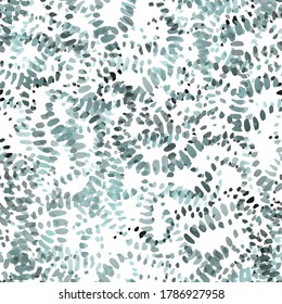 Splash Seamless Pattern. Fashion Concept. Distress Print. Blue, Green, Gray Illustration. Camo Surface Textile. Ink Stains. Spray Paint. Splash Blots. Artistic Creative Vector Background.