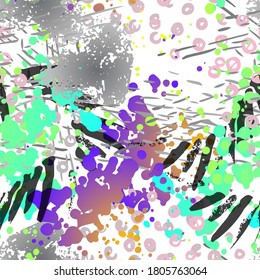 Splash Seamless Pattern. Fashion Concept. Distress Print. Color, Bright Illustration. Camo Surface Textile. Ink Stains. Spray Paint. Splash Blots. Artistic Creative Vector Background.