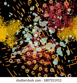 Splash Seamless Pattern. Fashion Concept. Distress Print. Black, Gold Illustration. Glamour Surface Textile. Ink Stains. Spray Paint. Splash Blots. Artistic Creative Vector Background.