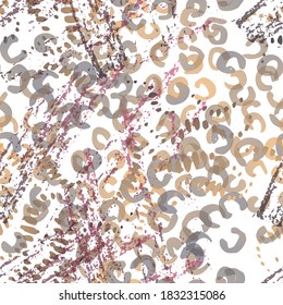 Splash Seamless Pattern. Fashion Concept. Distress Print. Ochra, Sepia Illustration. Camo Surface Textile. Ink Stains. Spray Paint. Splash Blots. Artistic Creative Vector Background.