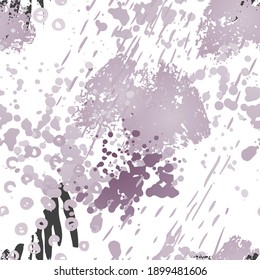 Splash Seamless Pattern. Fashion Concept. Distress Print. Pink, Purple Illustration. Summer Surface Textile. Ink Stains. Spray Paint. Splash Blots. Artistic Creative Vector Background.