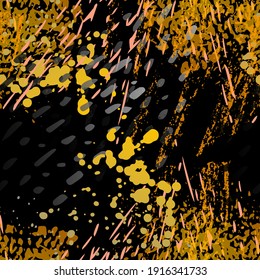 Patrón sin foco. Concepto de moda. Impresión por problemas. Ilustración de oro negro. Tejido superficial de tendencia. Manchas De Tinta. Pintura de pulverización. Splash Blots. Fondo artístico de vectores creativos.