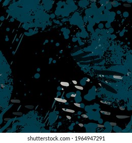 Splash Seamless Pattern. Fashion Concept. Distress Print. Black, White Illustration. Modern Surface Textile. Ink Stains. Spray Paint. Splash Blots. Artistic Creative Vector Background.