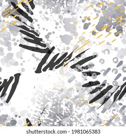 Splash Seamless Pattern. Fashion Concept. Distress Print. Black, White Illustration. Glamour Surface Textile. Ink Stains. Spray Paint. Splash Blots. Artistic Creative Vector Background.