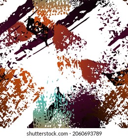 Splash Seamless Pattern. Fashion Concept. Distress Print. Ochra, Sepia Illustration. Camo Surface Textile. Ink Stains. Spray Paint. Splash Blots. Artistic Creative Vector Background.