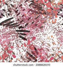 Splash Seamless Pattern. Fashion Concept. Distress Print. Bordo, Pink Illustration. Dirty Surface Textile. Ink Stains. Spray Paint. Splash Blots. Artistic Creative Vector Background.