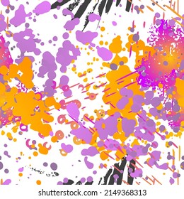 Splash Seamless Pattern. Fashion Concept. Distress Print. Color, Bright Illustration. Graffiti Surface Textile. Ink Stains. Spray Paint. Splash Blots. Artistic Creative Vector Background.