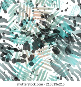 Splash Seamless Pattern. Fashion Concept. Distress Print. Blue, Green, Gray Illustration. Army Surface Textile. Ink Stains. Spray Paint. Splash Blots. Artistic Creative Vector Background.