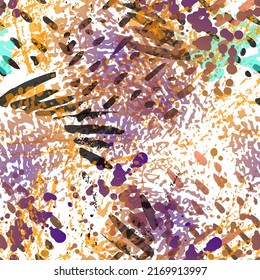 Splash Seamless Pattern. Fashion Concept. Distress Print. Color, Bright Illustration. Summer Surface Textile. Ink Stains. Spray Paint. Splash Blots. Artistic Creative Vector Background.