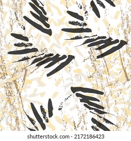 Splash Seamless Pattern. Fashion Concept. Distress Print. Ochra, Sepia Illustration. Modern Surface Textile. Ink Stains. Spray Paint. Splash Blots. Artistic Creative Vector Background.