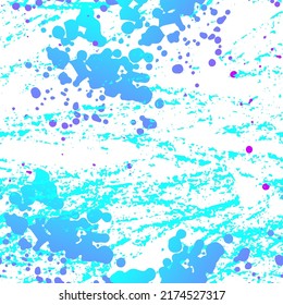 Splash Seamless Pattern. Fashion Concept. Distress Print. Blue, Teal Illustration. Trending Surface Textile. Ink Stains. Spray Paint. Splash Blots. Artistic Creative Vector Background.
