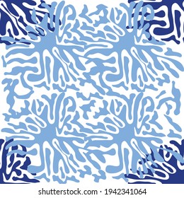 Splash seamless pattern, tiles in blue, indigo.