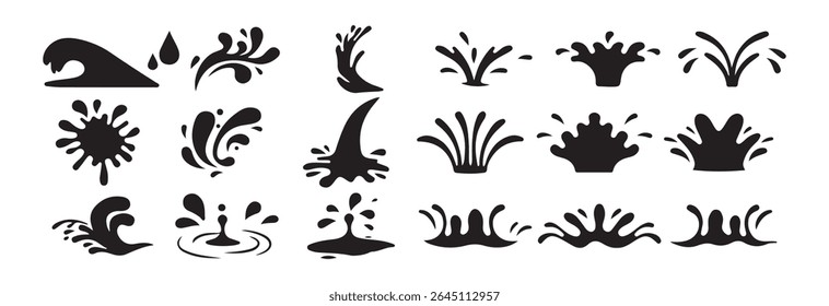 Silhueta de abertura com conjunto de gotas. Gotejamento de elementos líquidos, fluxo de tinta preta isolada.  Elementos líquidos, conjunto de vetores de ícones de gota de choro. Tinta, molho. Ilustração Victor eps 10
