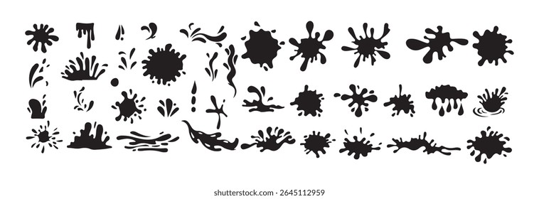 Silhueta de abertura com conjunto de gotas. Gotejamento de elementos líquidos, fluxo de tinta preta isolada.  Elementos líquidos, conjunto de vetores de ícones de gota de choro. Tinta, molho. Ilustração Victor eps 10