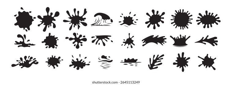 Silhueta de abertura com conjunto de gotas. Gotejamento de elementos líquidos, fluxo de tinta preta isolada.  Elementos líquidos, conjunto de vetores de ícones de gota de choro. Tinta, molho. Ilustração Victor eps 10