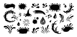 Splash Silhouette With Droplets. Water Drops Shapes, Liquid Burst Splashes And Ink Blot Hand Drawn Vector Set Of Silhouette Droplet, Drop Liquid Illustration
