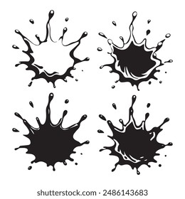 Splash silhouette with droplets. Water drops shapes, liquid burst splashes and ink blot hand drawn vector set of silhouette droplet, drop liquid illustration