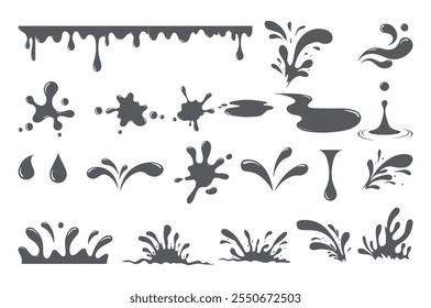 Silueta de chapoteo con gotitas. Formas de gotas de agua, salpicaduras de ráfaga de líquido y mancha de tinta dibujado a mano conjunto de Vector de gota de silueta, gota de líquido ilustración