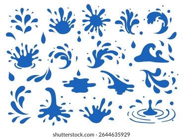 Splash silhouet met druppeltjes. Water druppels vormen, golf silhouet, vloeistof burst spatten. Illustratie van handgetekende inktvlek-vectorset