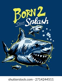 splash slogan with cartoon sharks vector illustration for kid fashion print