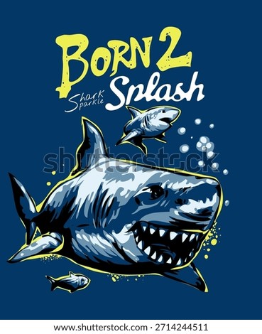 splash slogan with cartoon sharks vector illustration for kid fashion print