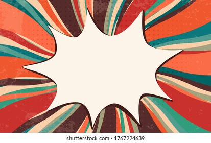 Splash or speech bubble pop art. Vintage retro starburst. Comic strip background. Wallpaper backdrop for advertising or party. Explosion in comics book style. Clouds beams. Copy space