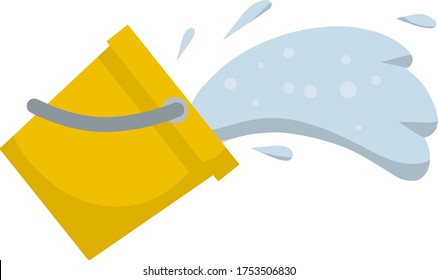 Splash and splatter. Liquid pours out. Cartoon flat illustration. Cleaning the house. Orange bucket of water. Yellow object for washing