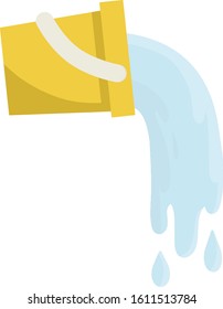 Splash and splatter. Yellow object for washing. Liquid pours out. Cartoon flat illustration. Cleaning the house. Orange bucket of water. 