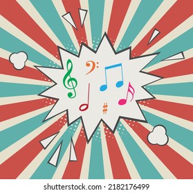 Splash star sunbeam retro pop art abstract background with music notes icon