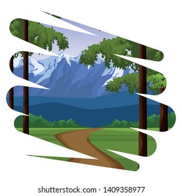 Splash sticker frame nature scene trees forest exploration mountains road trail landscape vector illustration graphic design