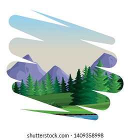 Splash sticker frame nature scene trees forest exploration mountains woods water landscape vector illustration graphic design