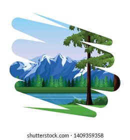 Splash sticker frame nature scene trees forest exploration daylightlake mountains landscape vector illustration graphic design