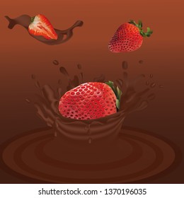 Splash strawberry in chocolate realistic 3d vector. Raw strawberry fruit. Whole and slice strawberry with splashes chocolate. Concept of good nutrition, healthy food and lifestyle, Vector illustration