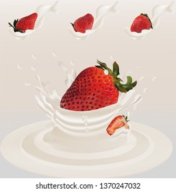 Splash strawberry in milk realistic 3d vector. Raw strawberry fruit. Whole and slice strawberry with splashes milk. Concept of good nutrition, healthy food and lifestyle, Vector illustration