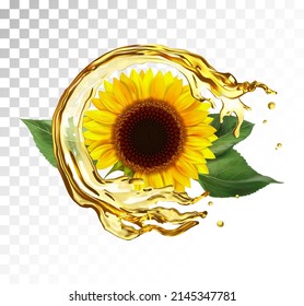 Splash of sunflower oil and sunflower. Vector illustration on a transparent background.