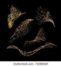 Splash or swarm of particles set. Liquid or airy golden motion streams isolated on black. Vector abstract shapes for design.