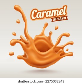 Splash of sweet caramel liquid with flying drops. Vector illustration