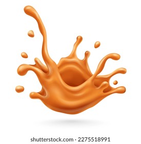 Splash of sweet caramel liquid with flying drops. Isolated on white background. Vector illustration