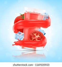 Splash of tomato juice with glass and cube of ice. EPS10 vector