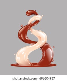 Splash, two streams from bottom to top of Milk, white and black coffee or liquid Chocolate, Cocoa. A Mixing splashes of drink Poured into the capacity. Vector object on a gray background for design 