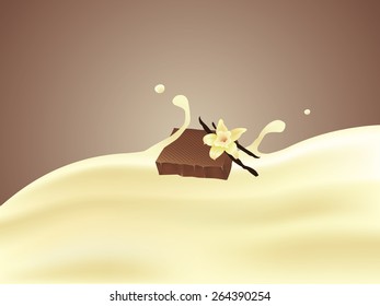 Splash of vanilla chocolate milkshake. Milk, yogurt or shake label design.