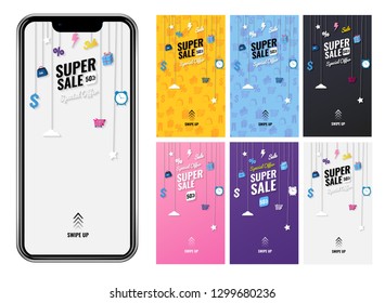 Splash vertical banner sale promotion modern design.swipe up for stories. in six versions. mockup phone. vector illustration