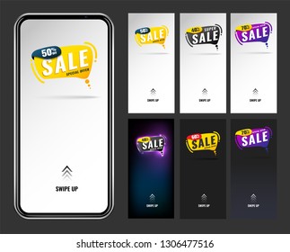Splash vertical banner sale promotion modern design.swipe up for stories. in six versions. mockup phone. vector illustration