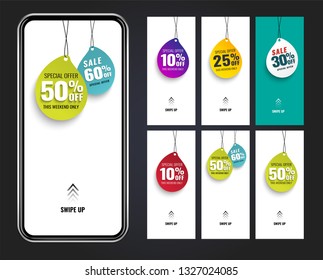 Splash vertical banner sale promotion modern design.swipe up for stories. in six versions. mockup phone. vector illustration