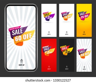 Splash vertical banner sale promotion modern design.swipe up for stories. in six versions. mockup phone. vector illustration