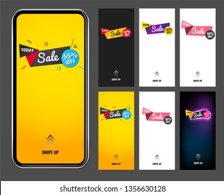 Splash vertical banner sale promotion modern design.swipe up for stories. in six versions. mockup phone. vector illustration