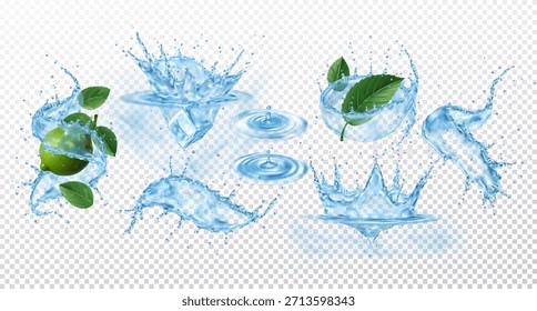 Spritzer Wasser. 3D-Welle. Eis in Flüssigkeit. Zitrone in Whirlpool fallen lassen, Wasser trinken. Flüssigkeitsstrom, Minzblätter und Kalk. Realistische Spritzer. Plop in Ripple. Vektorgenaue Illustration auf transparentem Hintergrund